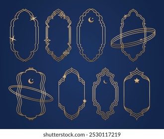 Gold Islamic modern minimalist y2k aesthetic linear arch frames set elements. Lineart geometric windows shapes. Boho line art. Arabic arch frame window mosque. Islam traditional geometric shape doors