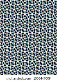 Gold Islamic motif tile pattern with blue and gray details. Decorative ornamental geometric design. 