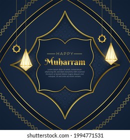 Gold Islamic new year background with hanging lanterns, happy Muharram, realistic ornamental, vector illustration.