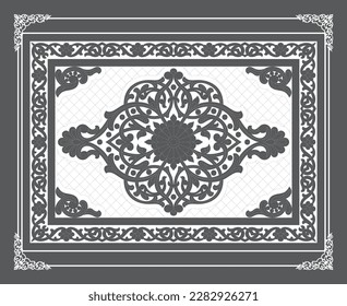 Gold Islamic oriental ceiling and wall pattern on anthracite background. Arabic ornamental motifs 10. Patterns, backgrounds and wallpapers for your design. Suitable for laser cutting.