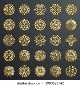 Goldener islamischer Ornament-Vektorgrafik auf schwarzem Hintergrund, persischer Motiv. 3D-Blume arabischen Stern geomere Ornament. Rundmuster Elemente arabesque mandala. Geometrisches Logo-Template-Set. Ornamentivar