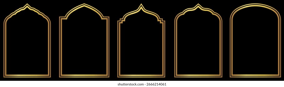 Gold islamic window shape. Arabian arc gold traditional windows, Golden ramadan frames, mosque arches, moroccan arabic border or door. Arabic muslim architecture design elements.
