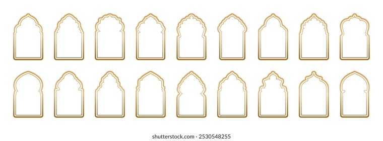 Forma de janela dourada islâmica. Arco dourado árabe, quadros Ramadã Kareem. Silhueta de mesquita muçulmana da fronteira marroquina, portal. Eid Mubarak espelho oriental set. Arquitetura árabe elementos de portão de porta