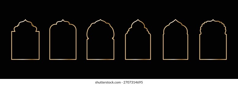 Forma de ventana islámica dorada. Arco dorado árabe, marcos de ramadán kareem. Silueta de la mezquita musulmana de la frontera marroquí, portal. Marco de puerta árabe. Elementos de arquitectura islámica de puerta de ventana. 