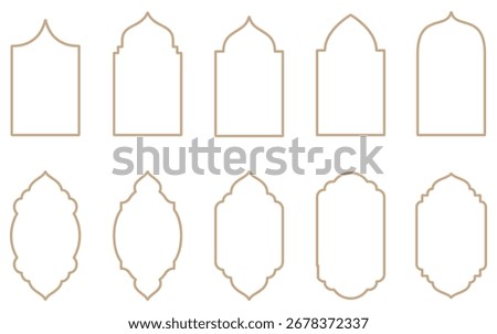 Gold islamic window shape. Arabic golden arch, ramadan kareem frames. Muslim mosque silhouette of moroccan border, portal. Eid mubarak oriental mirror set. Arabian arhitecture elements of door or gate