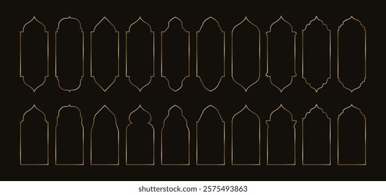 Gold Islamic windows. Arabic golden arch, Ramadan Kareem frames. Eid Mubarak oriental mirror borders, Arabian architecture door and gate. Vector isolated set.