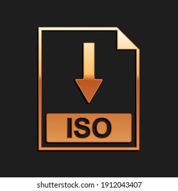 Gold ISO file document icon. Download ISO button icon isolated on black background. Long shadow style. Vector.