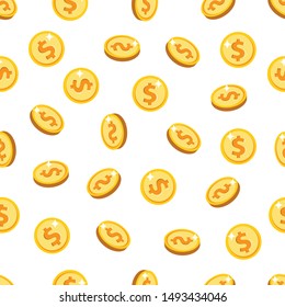 Gold isolated coins seamless pattern. Flying gold coins, golden rain background. Vector illustration