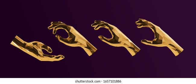 Gold Isolated Hand. Shiny Metallic Set of Golden Holding and Giving Hands on Purple Background. Low Poly Vector 3D Rendering
