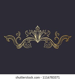 Gold Isolated plant with leaves decorations. Italian flourish baroque ornate for wedding or christmas, certificate. Yellow floral crown or golden wreath. Luxury and victorian, royal and headpiece