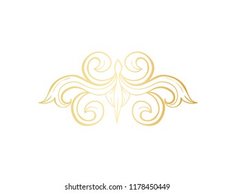 Gold Isolated plant with leaves decorations. Italian flourish baroque ornate for wedding or christmas, certificate. Yellow floral crown or golden wreath. Luxury and victorian, royal and headpiece