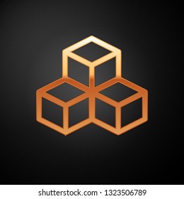 Gold Isometric cube icon isolated on black background. Geometric cubes solid icon. 3D square sign. Box symbol. Vector Illustration