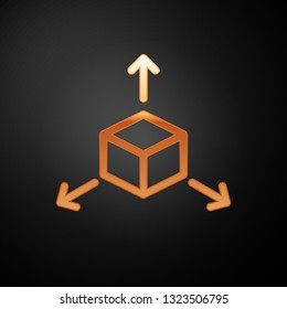 Gold Isometric cube icon isolated on black background. Geometric cubes solid icon. 3D square sign. Box symbol. Vector Illustration