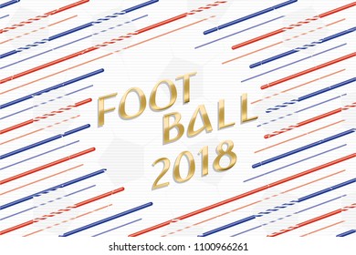 Gold Italic Type Logo Football 2018 Lettering in Ball Shape Blank Space Created by Repeating Lines - Blue and Red on White Soccer Ball Texture Background - Vector Hand Drawn Graphic Design