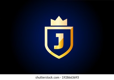 gold J alphabet letter logo icon. Design for company and business identity with shield and king crown