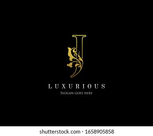 Gold J letter luxury beauty flourishes ornament monogram logo perfect for boutique, wedding invitation, restaurant,hotel.