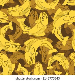 Gold Japanese carp pattern seamless. Koi ornament. Vector background
