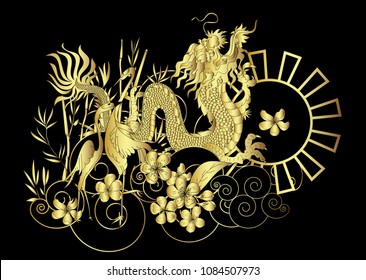 Gold Japanese Dragon and Heron bird with Sakura floer on cloud background.colorful Chinese tattoo design.