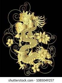 Gold Japanese Dragon and koi carp with lotus flower on cloud background.colorful Chinese tattoo design.