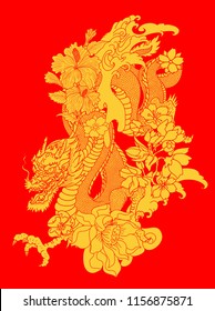 Gold Japanese Dragon tattoo with cherry flower and peach flower tattoo.illustration of asia dragon for printing. Dragon tattoo.