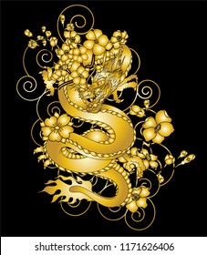 Gold Japanese Dragon tattoo with cherry flower and peach flower tattoo.illustration of asia dragon for printing. Dragon tattoo.