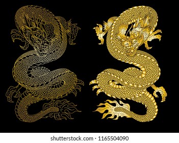 Gold Japanese dragon tattoo.Gold pattern dragon