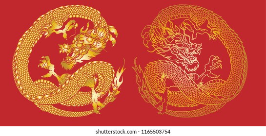 Gold Japanese dragon tattoo.Gold pattern.Golden Dragon on red background for Chinese New Year.Gold Chinese Dragon vector. Gold line art King Dragon tattoo.