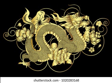 Gold Japanese Dragon Wallpaper Backgroundgolden Dragon Stock Vector