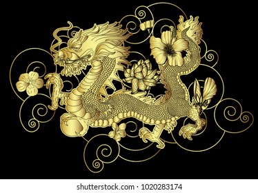 Gold Japanese Dragon for wallpaper and background.Golden dragon with Lotus,hibiscus and Sakura flower on black cloud.