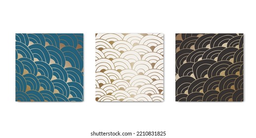 Gold japanese fluid wave vintage cover set. Abstract zentangle hypnotic squama pattern. Psychedelic background. Wall arts, poster, home decoration, social media vector illustration.