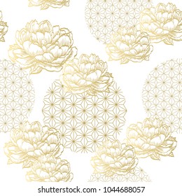 Goldener japanischer Mustervektor. Geometrischer und floraler Hintergrund.