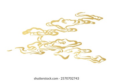 Gold Japanese style illustration. Undulating waves with faded ink brush. Curved brush strokes with the concept of the sea, splashes and whirlpools. Wiggle line drawing