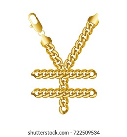 Gold Japanese yen or Chinese yuan money sign made of shiny thick golden chains with a lobster claw clasp lock. Realistic vector detailed illustration isolated on a white background.
