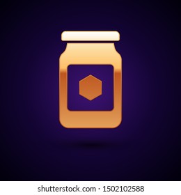 Gold Jar of honey icon isolated on dark blue background. Food bank. Sweet natural food symbol.  Vector Illustration