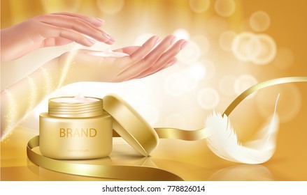 Gold jar with open lid is full of cosmetic cream on golden background with womens hands, ribbon and white feather, vector realistic. Template mock up for branding to promote luxury cosmetic product