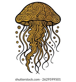 A gold jellyfish with a swirl pattern on its body. The jellyfish is surrounded by many small circles