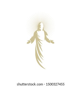 Gold Jesus Christ, son of God with a halo around his head, vector logo icon