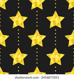 Gold jewel stars on black dotted background. Vector seamless pattern. Best for textile, print, wrapping paper, package and home decoration.