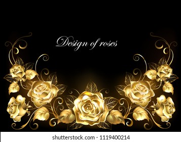 Gold, jeweler, shiny, intertwined roses on black background.
