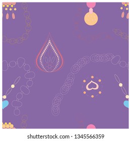 Gold jewellery flat hand drawn seamless pattern. Purple background. Accessories sketch clip art. Jewels textile, background, web, wrapping paper. Vector illustration