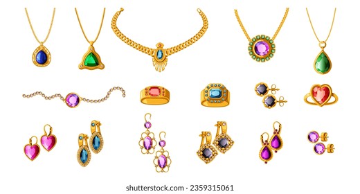 Gold jewellery. Old ring and elegant necklace. Antique crown with ruby or sapphire. Precious gem pendant. Expensive earrings with diamonds. Jewel bracelet. Vector luxury accessories set