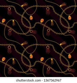 Gold jewelry accessories seamless vector print for scarf print and dress. Baroque print with chains, straps and brushes. Vintage textile collection.