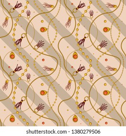 Gold jewelry accessories seamless vector print for scarf print and dress. Baroque print with chains, straps and brushes. Vintage textile collection.