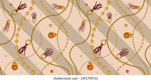 Gold jewelry accessories seamless vector print for scarf print and dress. Baroque print with chains, straps and brushes. Vintage textile collection.