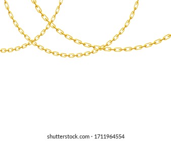 Gold Jewelry Chains Hanging From Above, Realistic Vector Illustration Isolated On White Background. Decorative Metal Shiny Circuit Element For Banner Or Page Bordure.