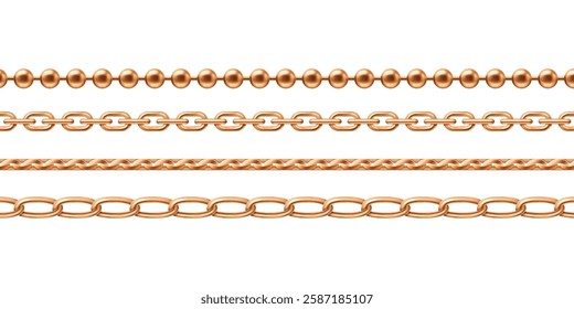 Gold jewelry chains set isolated on white background. Vector realistic illustration of golden shiny necklace or bracelet patterns, jewelry decoration of precious metal, seamless luxury ornament