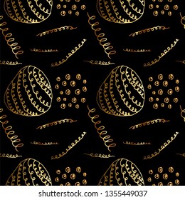 gold jewelry decorative elements seamless pattern. hand drawn vector illustration on black background