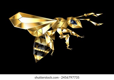 Gold, jewelry, flying, polygonal bee with golden sparkling wings on black background. Polygonal style animal.Golden bee.