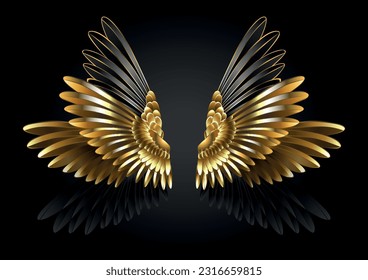 Gold, jewelry, hummingbird wings on black background.