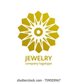 Gold jewelry logo design. Luxury islamic arabic vector logotype. Elegant golden flower. Geometric emblem brand or company name with simple text. Round floral icon for jewelry salon, boutique, shop